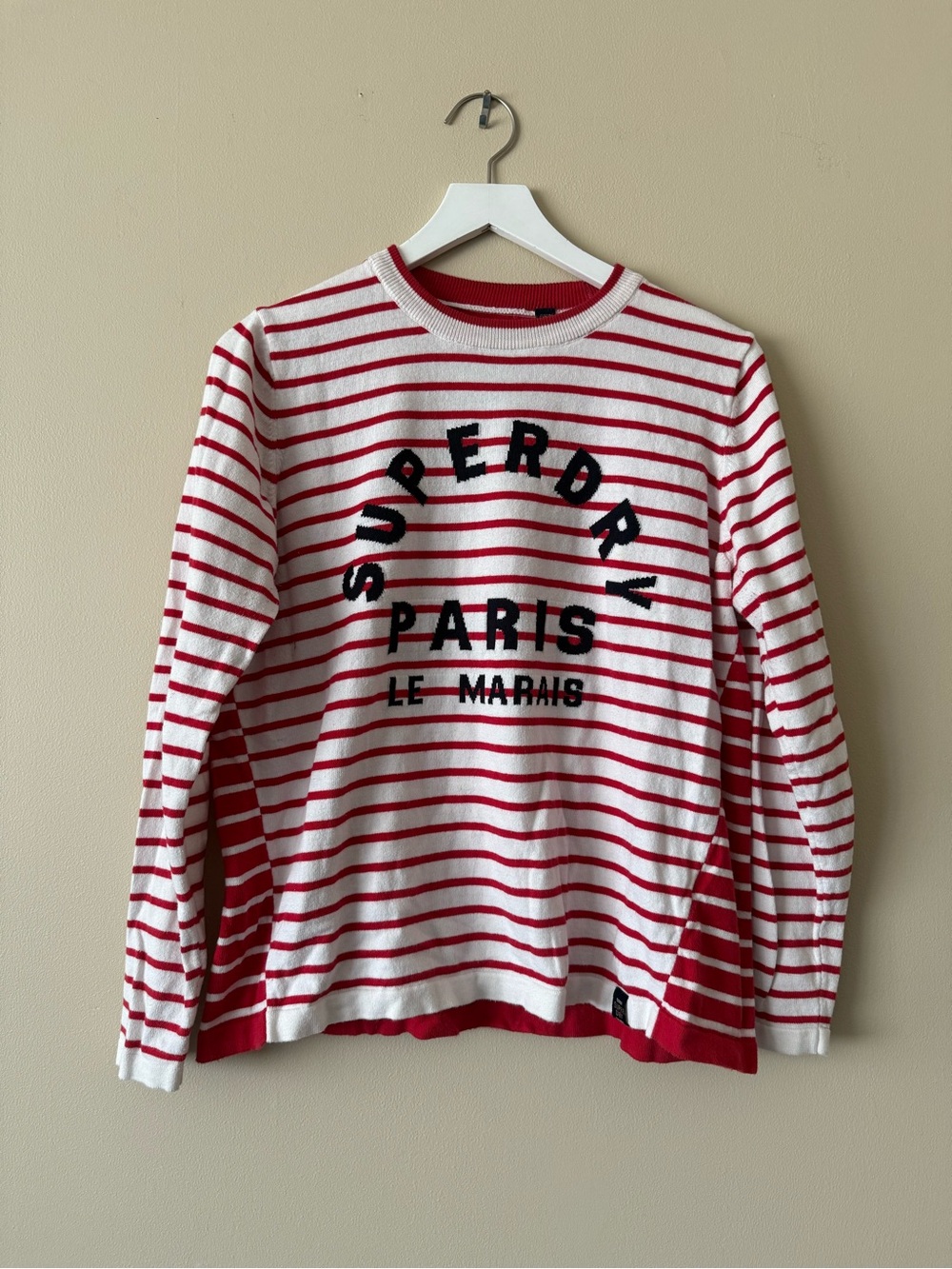 Superdry Red/White Striped Crew Neck Sweater 100% Cotton Size Medium Paris